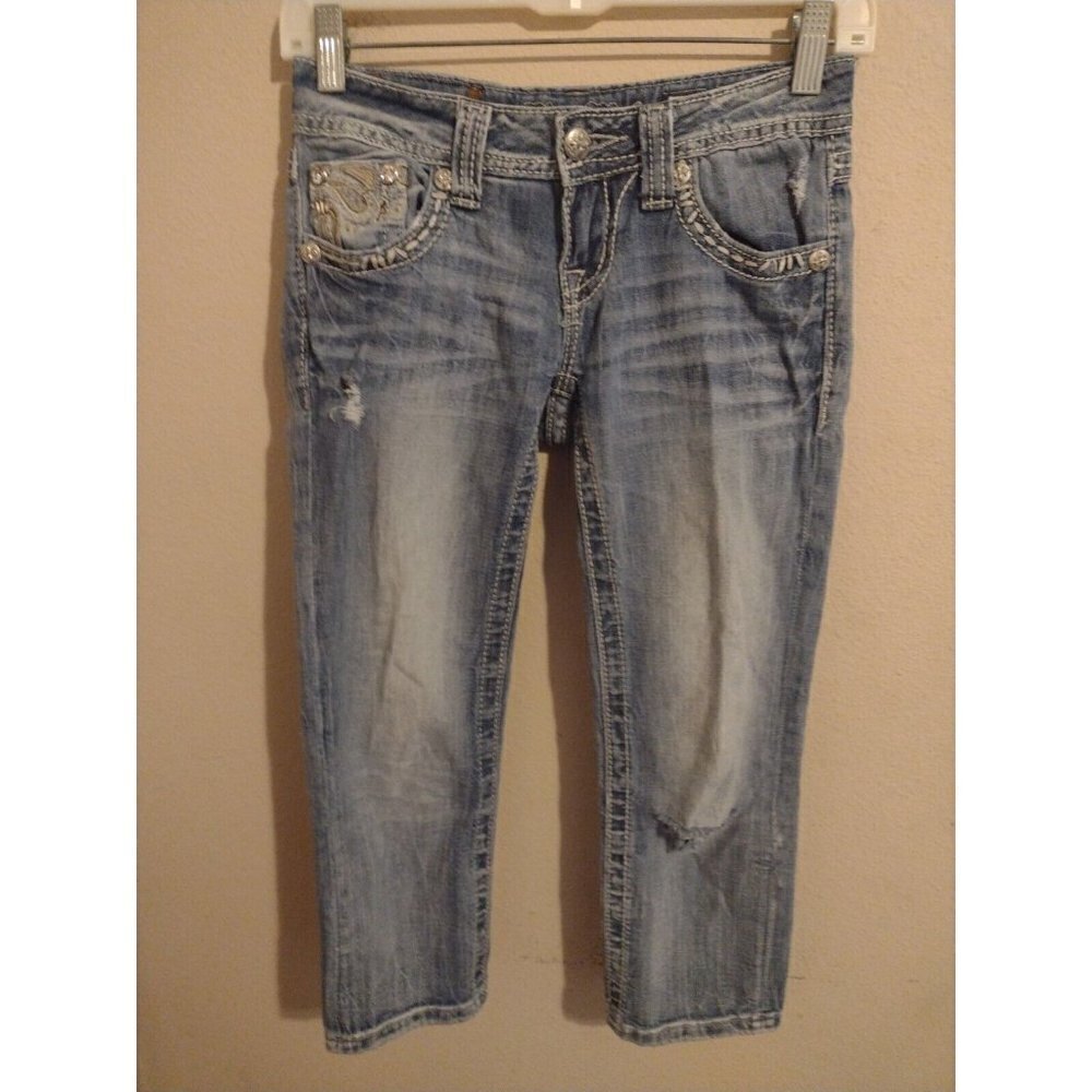 Miss Me Womens Blue Embellished Flap Pockets Denim Cuffed Capri Jeans Size 26